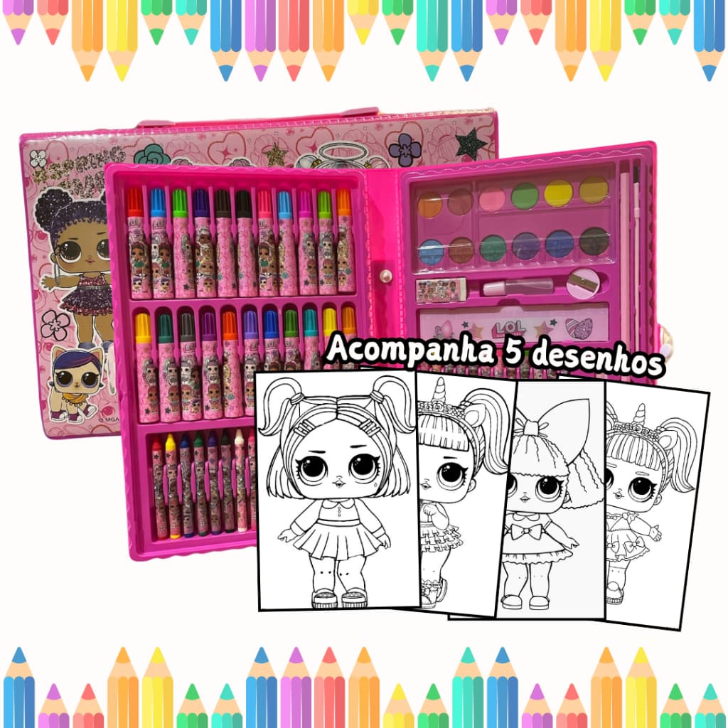 Estojo Maleta Pintura Infantil L.O.L Canetinhas Tinta Lápis Cores 86 peças + Desenhos Para Colorir