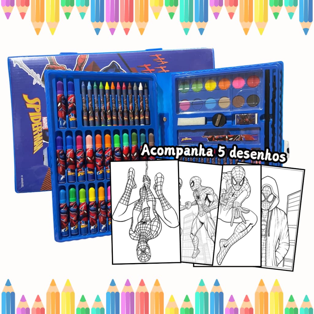 Estojo Maleta Pintura Infantil Homem aranha Canetinhas Tinta Lápis Cores 86 peças + Desenhos Para Colorir