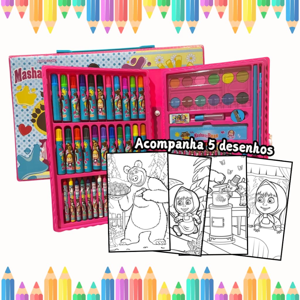 Estojo Maleta Pintura Infantil Masha e o Urso Canetinhas Tinta Lápis Cores 86 peças + Desenhos Para Colorir