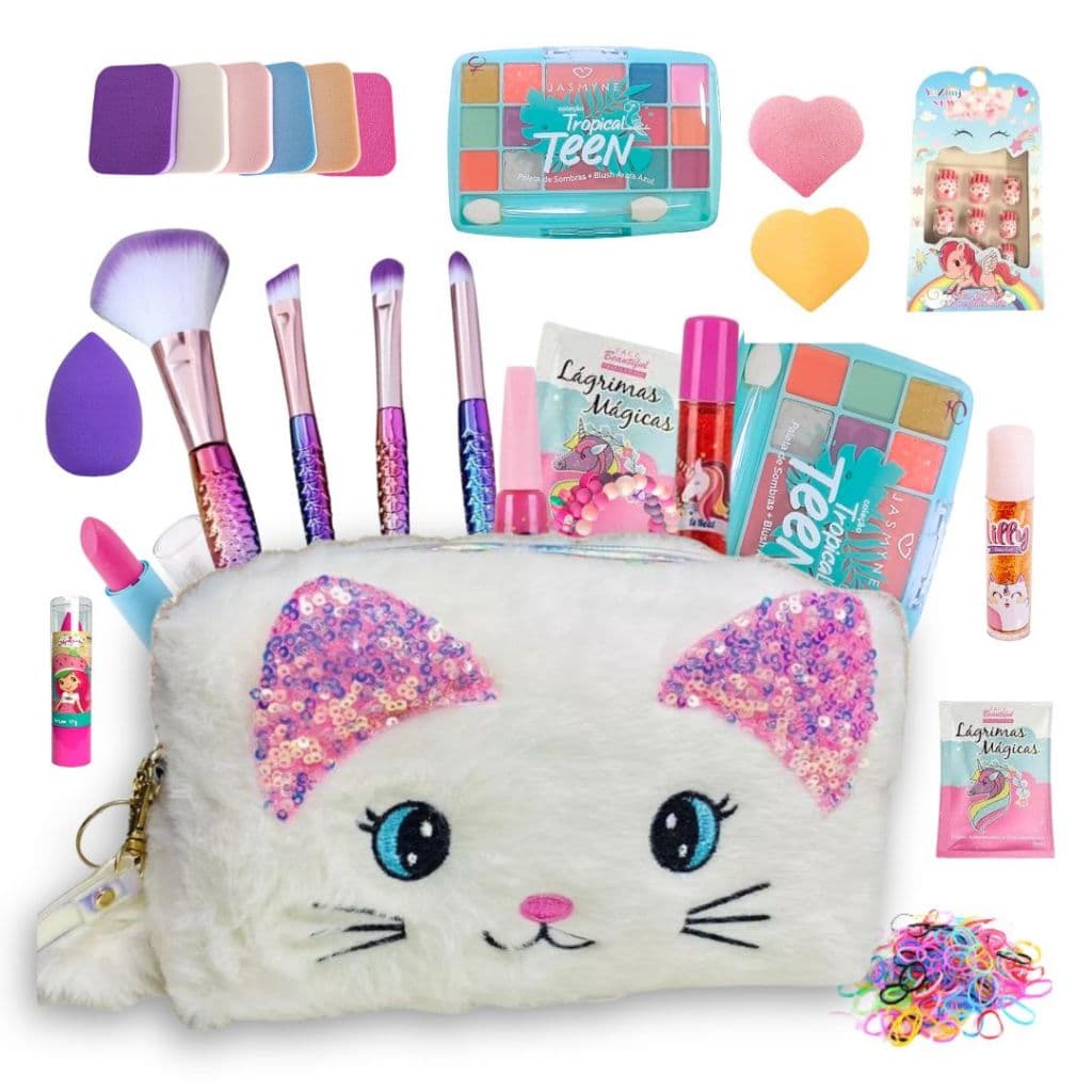 Kit Maquiagem infantil 11 itens no total Com Bolsinha Necessaire e Pincéis