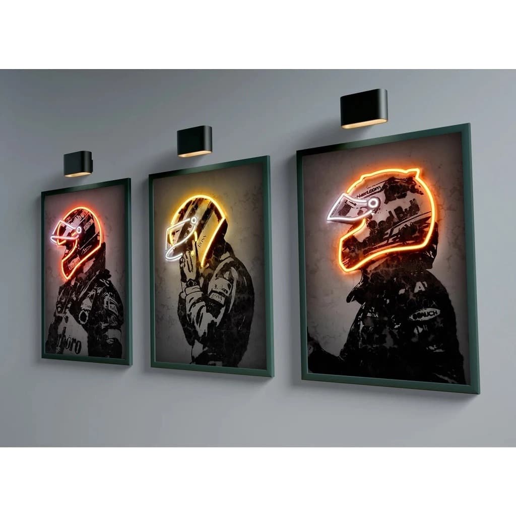 Quadro decorativo 3 peças 40x60 moderno abstrato neon moto capacete fórmula 1 f1 decoração para casa sala quarto hall in