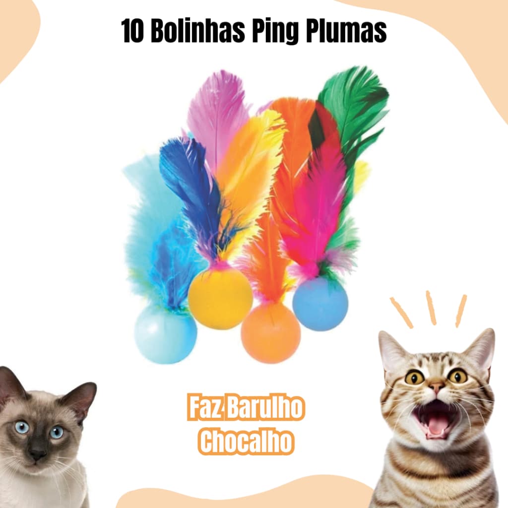 Kit 10 Brinquedo para Gato Bola ping pong com Pena Peninha Pluminha com Chacoalho