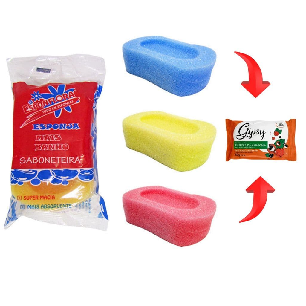 KIT COM 3 ESPONJAS PARA BANHO MODELO SABONETEIRA COLORS ESPONFLORA 1 SABONETE 80G SORTIDO GIPSY