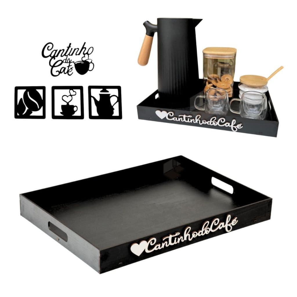 Kit Cantinho do Cafe Bandeja + 4 Quadros Decorativos Pratica Mdf Moderna Varias Cores Escritorio