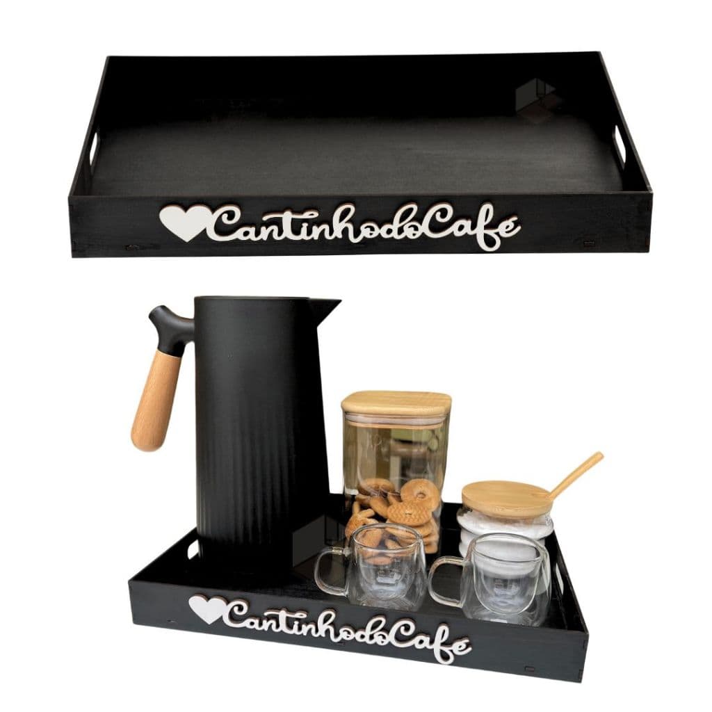 Conjunto Bandeja Com Alças Cantinho do Cafe Cha + Kit 4 Apliques P/ Decorar Servir Cafe da Manha