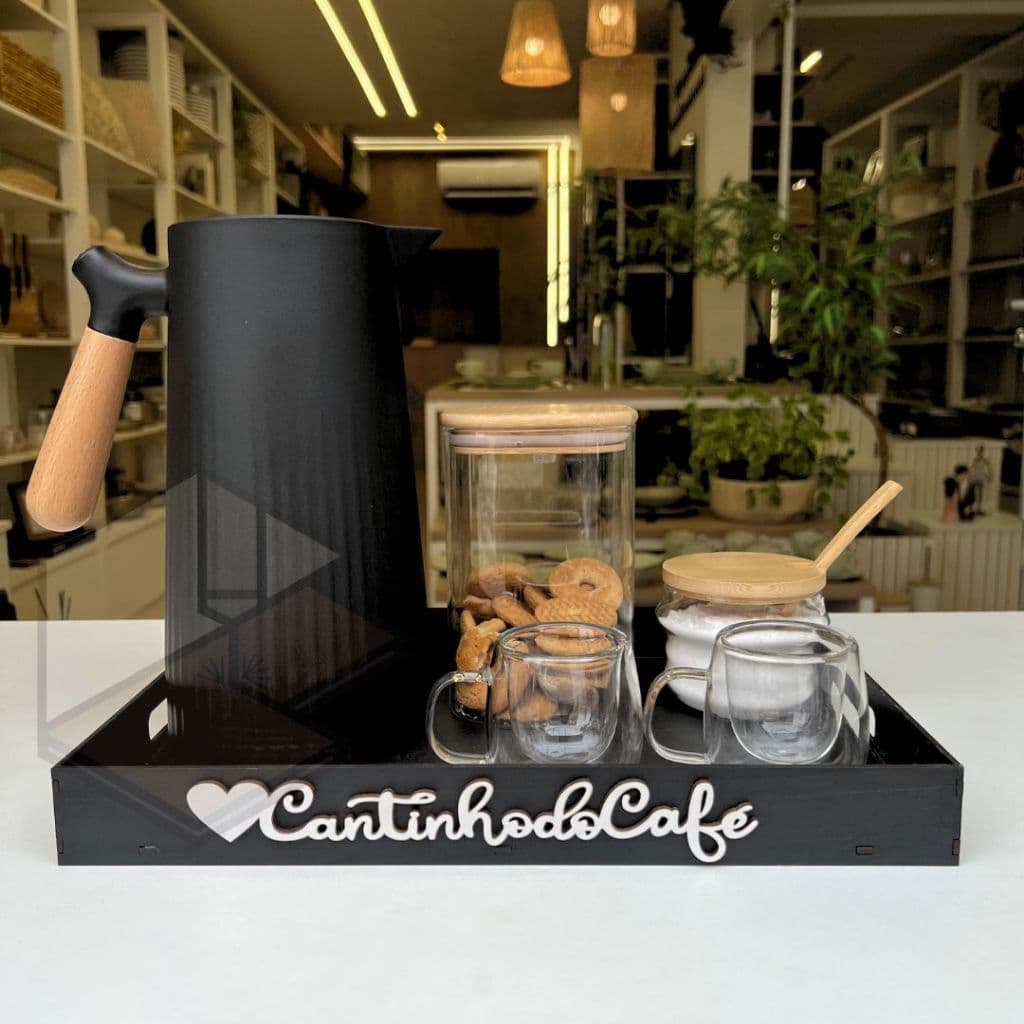 Combo Perfeito Bandeja Decorativa Cantinho do Cafe Cha + Kit 4 Apliques para Decoração Organizar Mdf