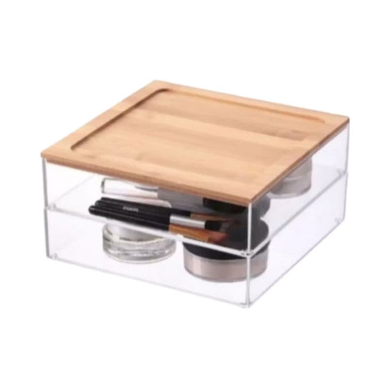 Organizador Caixa  com 2 Níveis em Acrilico com Tampa em Bambu multi uso 19x19x10cm - porta cápsulas