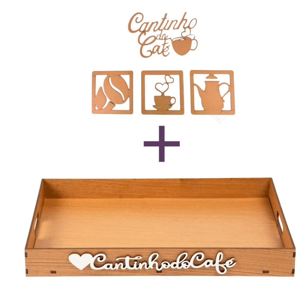 Bandeja Com Alça + Kit 4 Apliques para Enfeitar Espaço Cantinho do café Cha Moderno Mdf Casa Cozinha