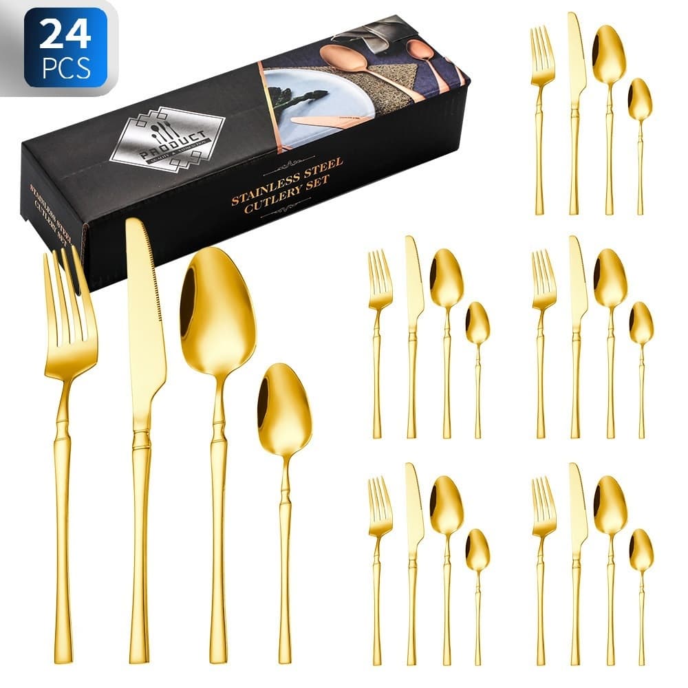 Kit 24 Peças Talheres Ouro De Aço Inox Jogo De Talheres Garfo Ou Faca Ou Colher De Café Para Uso Em Residências E Restau