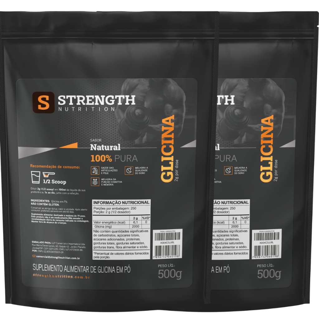 Glicina em Pó 1Kg 100% Pura Importada Kit 2 Pacotes 500g - Strength Nutrition