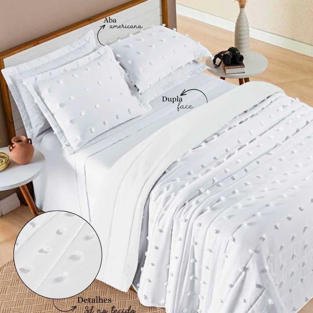 Cobre Leito 3 Peças 300 Fios Pecal - Dupla Face - Detalhes em 3d Pompom Casal\Queen\King Poppy