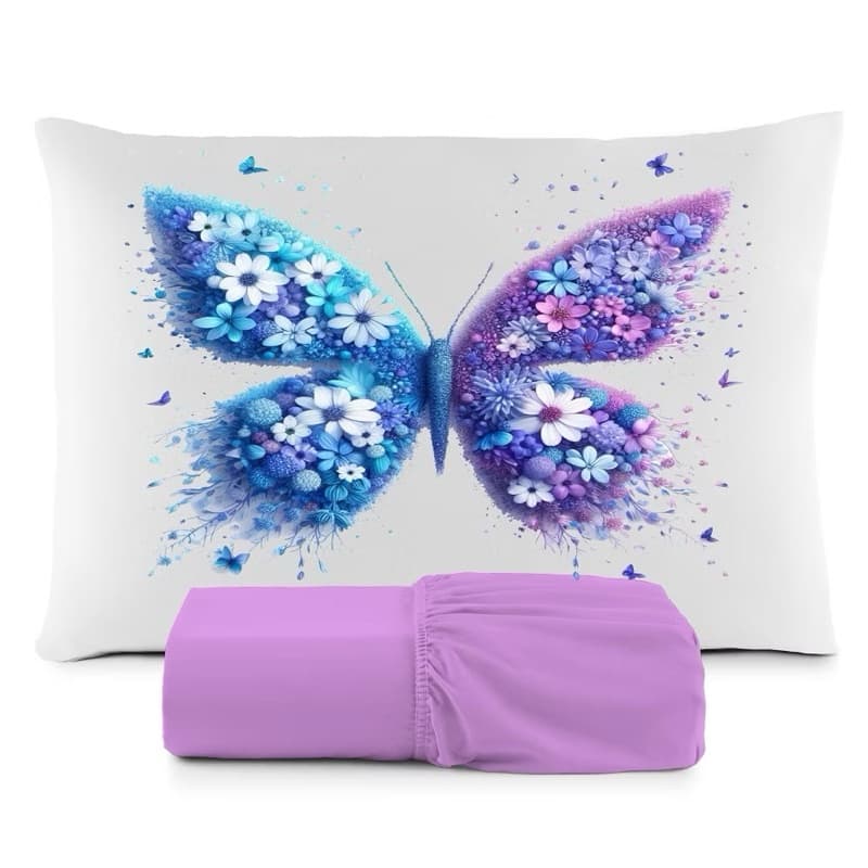 JOGO DE LENÇOL SOLTEIRO BORBOLETA FLORES LILAS FRONHA TRAVESSEIRO, LENÇOL DE ELASTICO