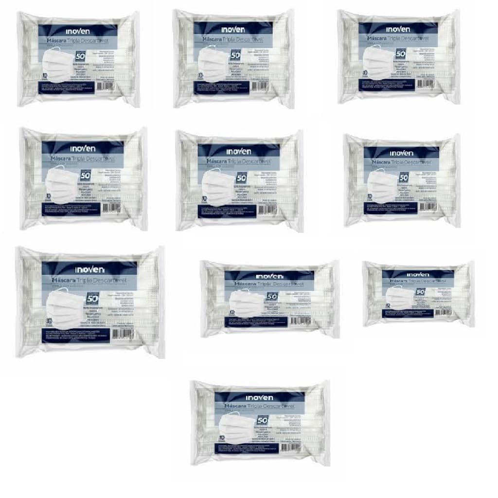 KIT 10 PACOTES MASCARA TRIPLA DESCARTAVEL INOVEN COM 50 UNID