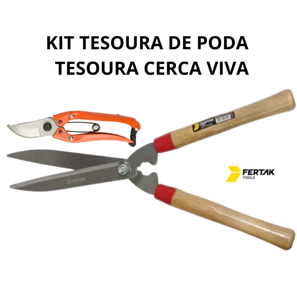 Conjunto Jardim Tesoura Poda Grama + Tesoura Poda com Mola Plantas Galhos Profissional Fertak