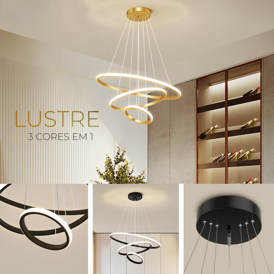 Lustre Moderno Luminaria Pendente 3 Anéis Inverse  60cm Led 3 Em 1 Bivolt