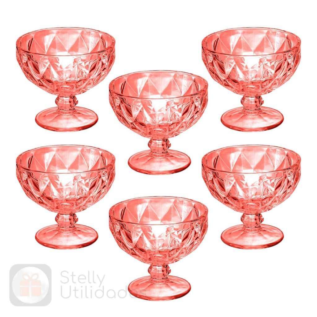 Jogo 6 Taça Sobremesa Diamante Copo Vidro Vermelha 380ml Mesa