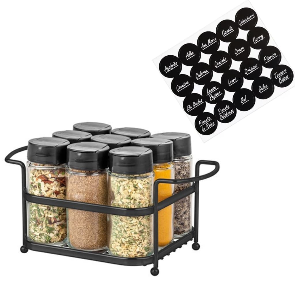Porta Temperos Condimentos 9 Potes de Vidro Sal Pimenta Cromado/Preto