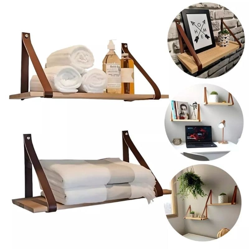 Prateleiras de Madeira maciça com Alças de Couro kit 2 uni Elegante, e Versátil para todos ambientes