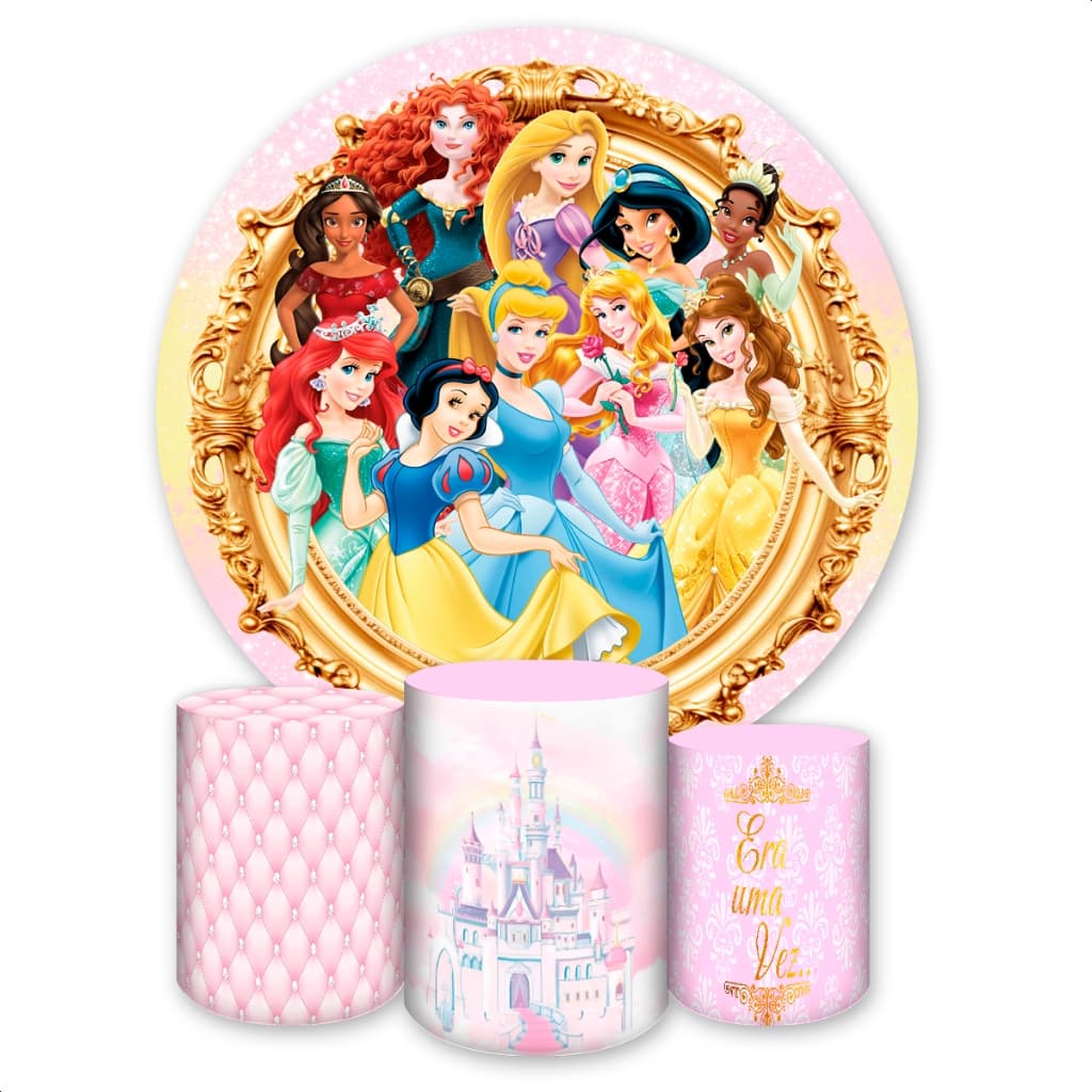 Kit Capa Painel Redondo + Capas de Cilindro Sublimados Para Festa Tema Princesas