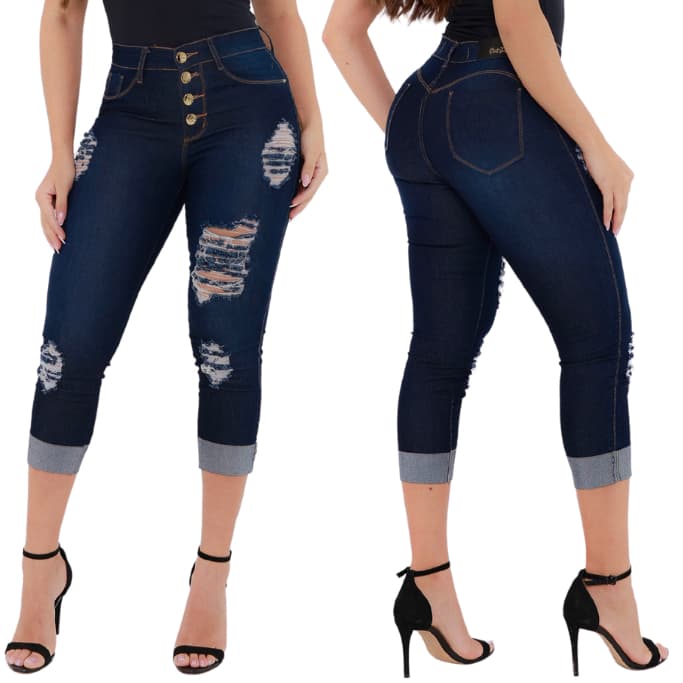Calça Capri Jeans Rasgada com 4 Botões Cintura Alta Empina Bumbum Cos Alto