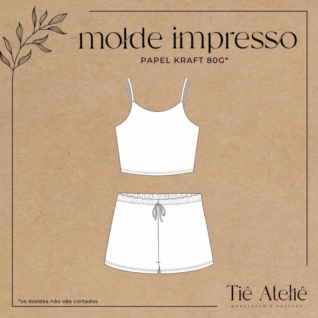 MOLDE EM PAPEL KRAFT DE PIJAMA ALCINHA BABY DOLL CROPPED PARA COSTURA MODELAGEM EM PAPEL KRAFT