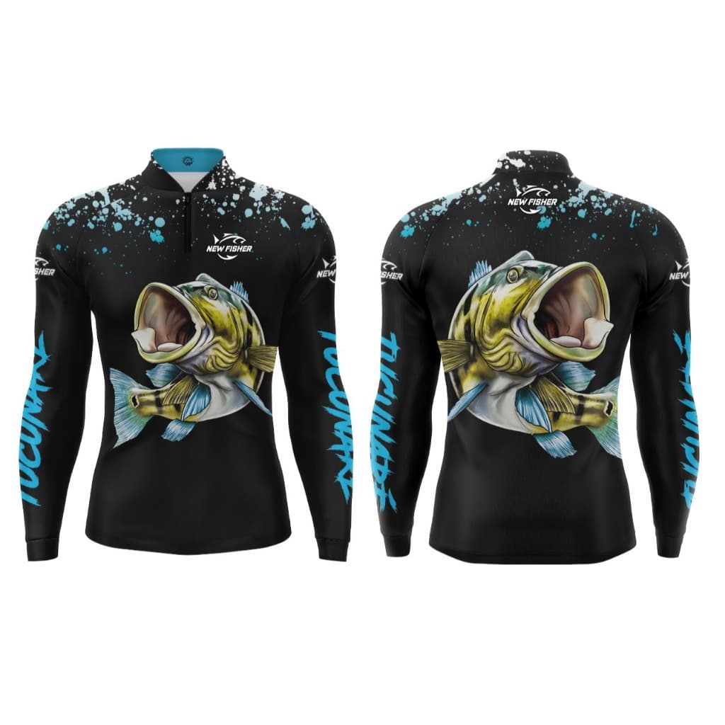 Camisa Camiseta de Pesca Tucunaré Preto Gola Zíper Proteção Solar UV New Fisher - NF03