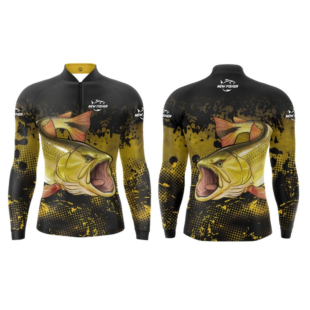 Camisa Camiseta de Pesca Dourado Gola Zíper Proteção Solar UV New Fisher - NF09