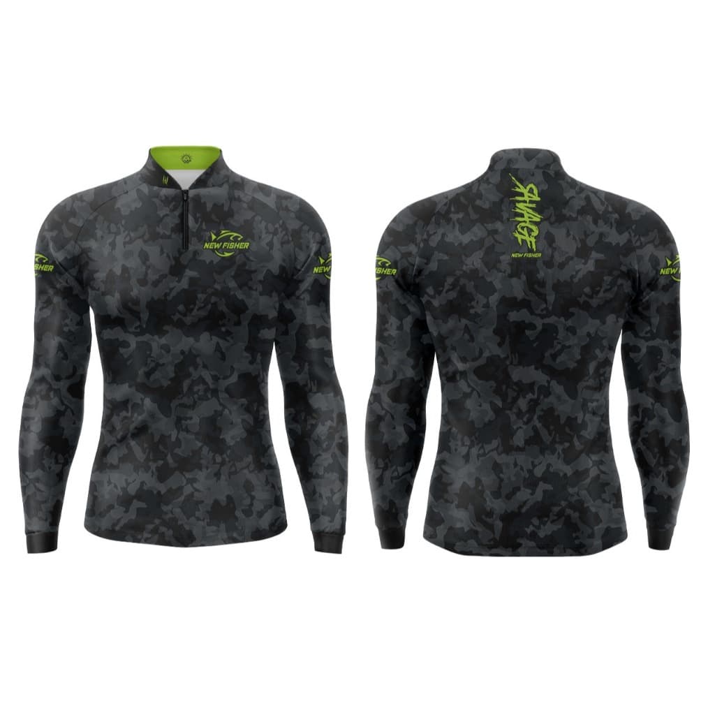 Camisa Camiseta de Pesca Camuflada Savage Gola Zíper Proteção Solar UV New Fisher NF05