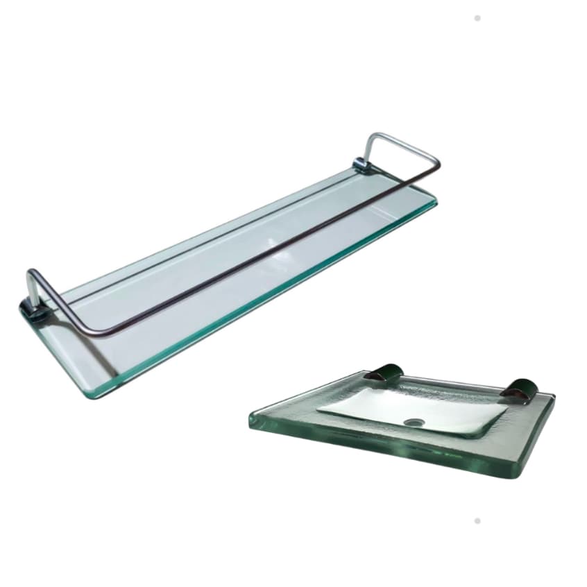 KIT Porta Shampoo De Vidro  40x10cm 8mm +  Porta Sabonete de Vidro 15x12cm 8mm