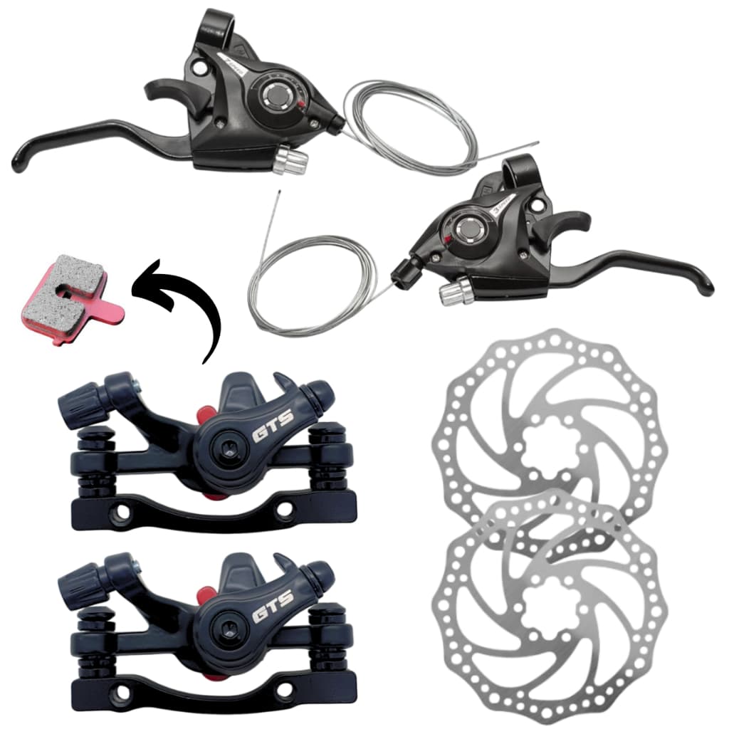 Kit Par De Alavanca Tipo Shimano Marchas 3x7 21v Rapid Fire + Par Freio A Disco Mecânico Para Bike Bicicleta 160mm GTS