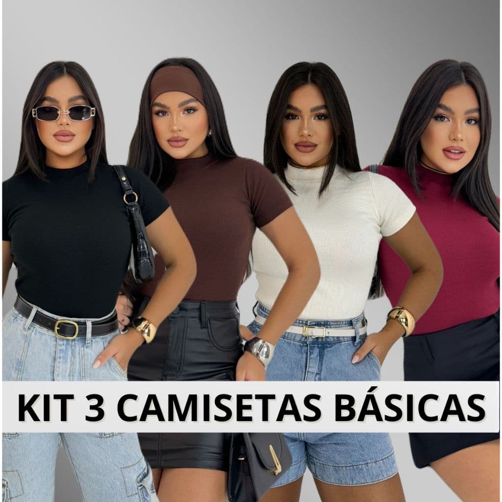 KIT 3 Blusas Ribana Premium Casual Moderna Gringa Basicas Canelado Manguinha Camiseta