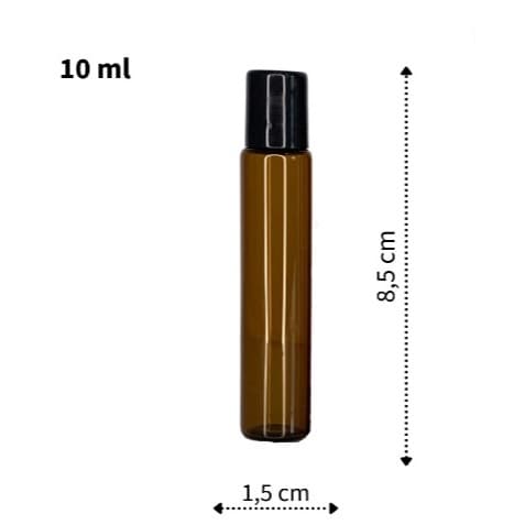 Vidro Âmbar Roll-on c/ tampa preta e esfera de aço 10ml