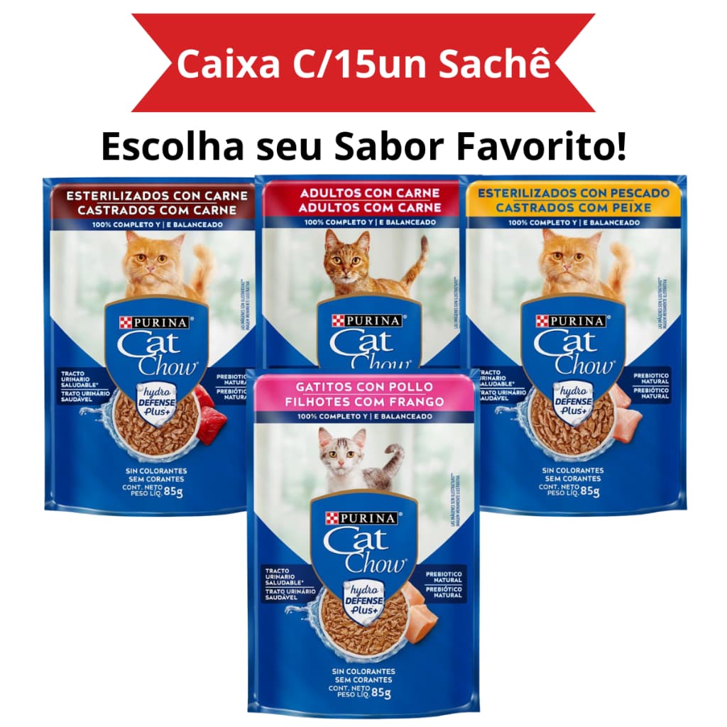 Sachê CAT CHOW Gatos Purina 85g - Ração Úmida CAT CHOW Gatos 85g Kit Com 15un
