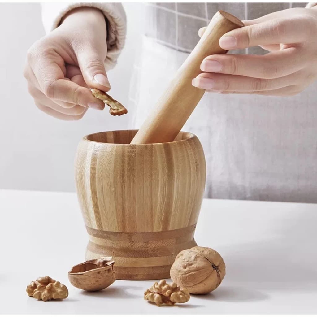 Pilão de Bambu com Socador Amassador de Alho e Pimenta - Triturador de Temperos 10Cm