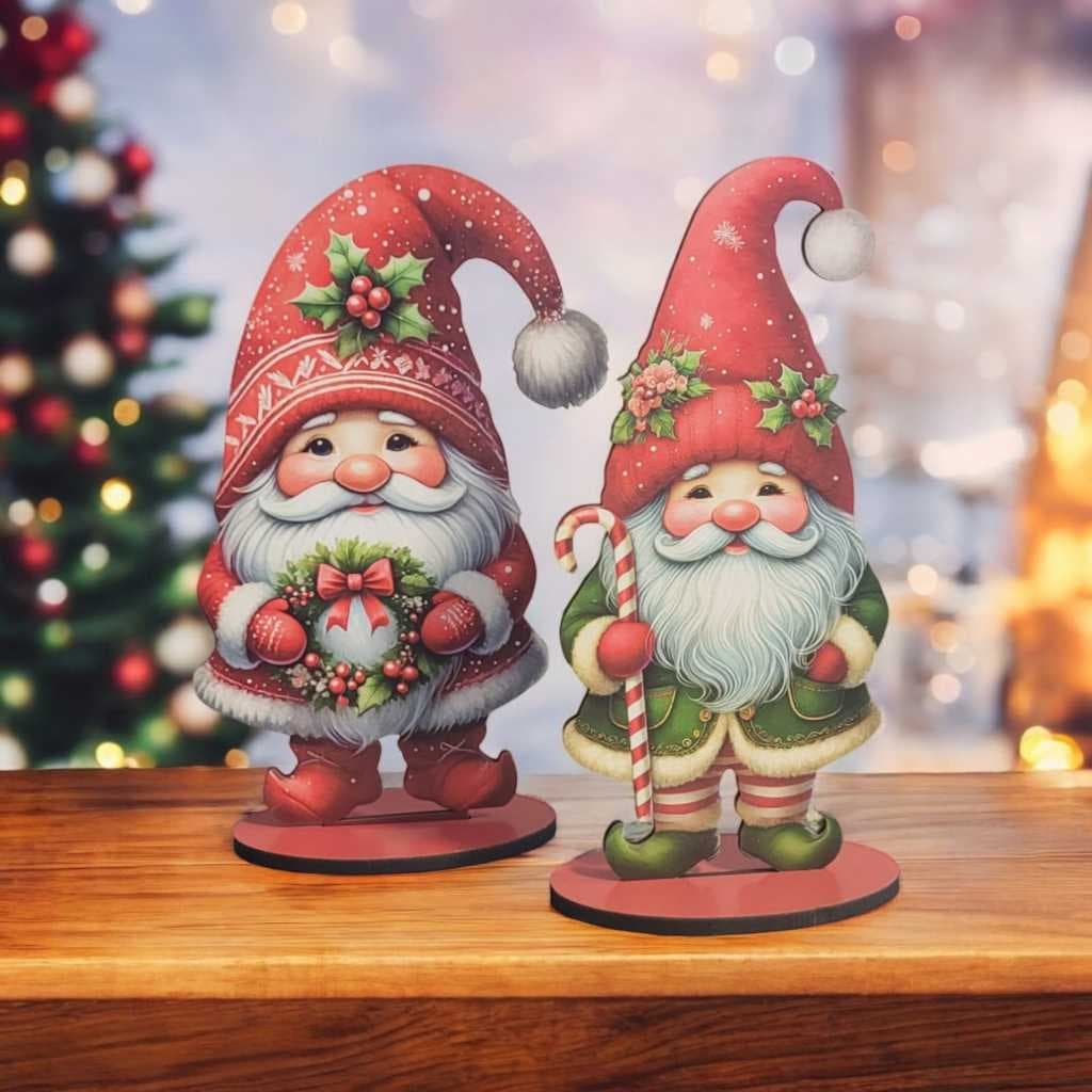 Conjunto 2 Gnomos Duendes Decorativos Natal Enfeite Mesa Diferente MDF Natalino Papai Noel Pedestal