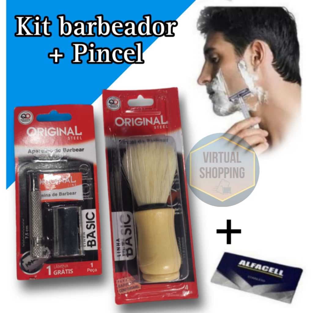 Kit de barbear barbeador de metal + pincel de barba + gillette