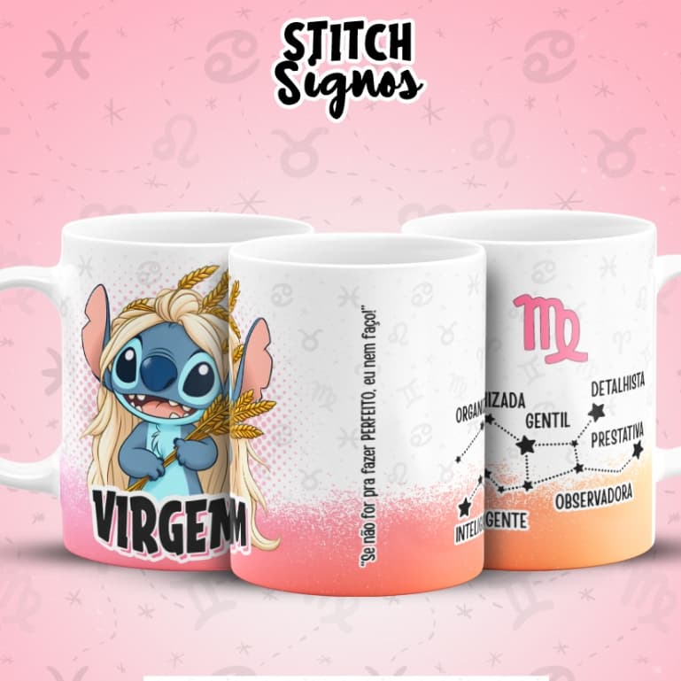 Caneca Personalizada Porcelana Signos Signo Stitch Virgem Leão Libra Aquário Peixes Escorpião Aries Touro Gemeos Cancer
