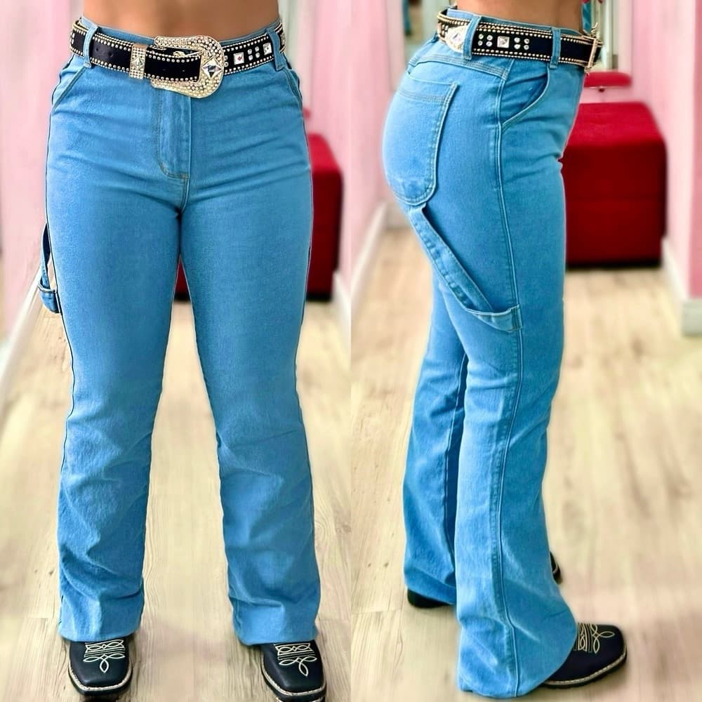 Calça Jeans Feminina Carpinteira Clara Linha Premium Country Rodeio Cavalgada Cintura Alta