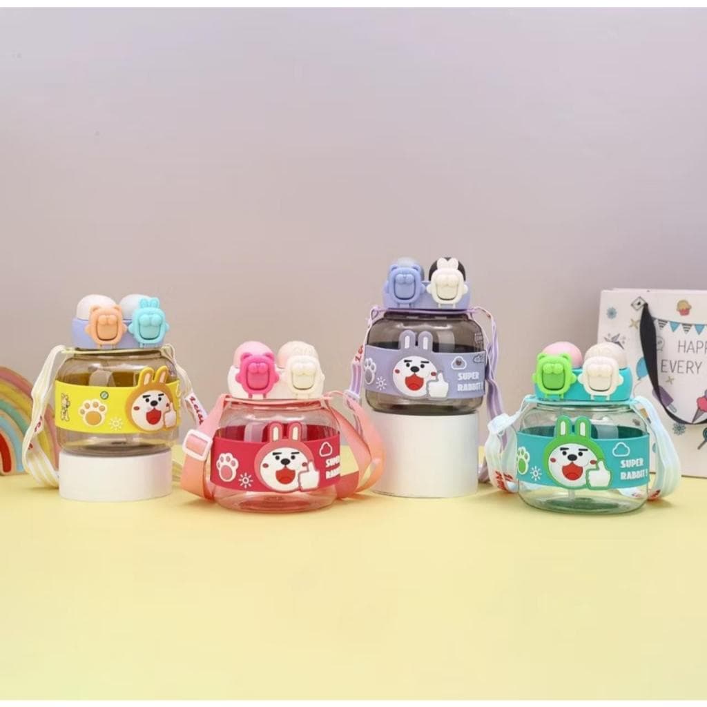 Garrafa Garrafinha de Água Squeeze com Canudo Silicone Infantil Coelho Criança Menino Menina e Alça