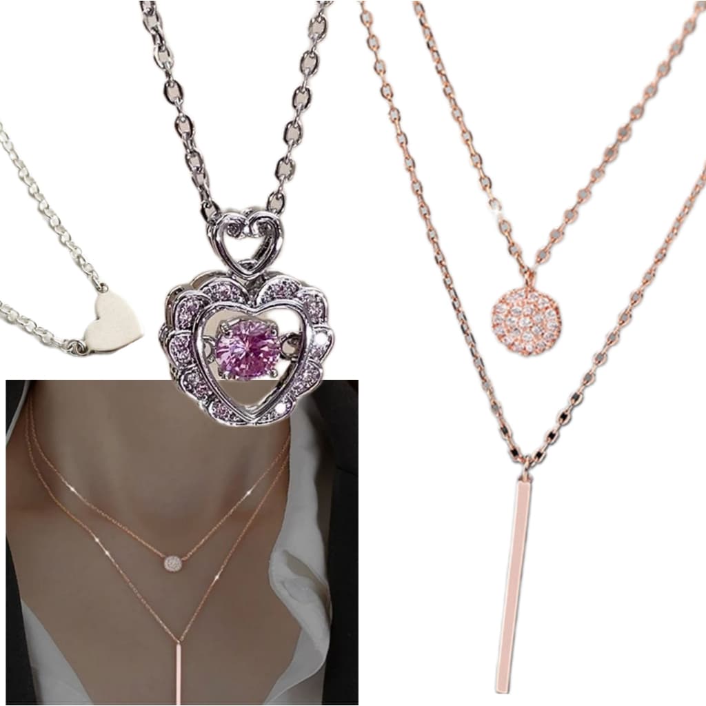 Colar de coração prata, colar de coração com strass, colar 2 em 1 rose