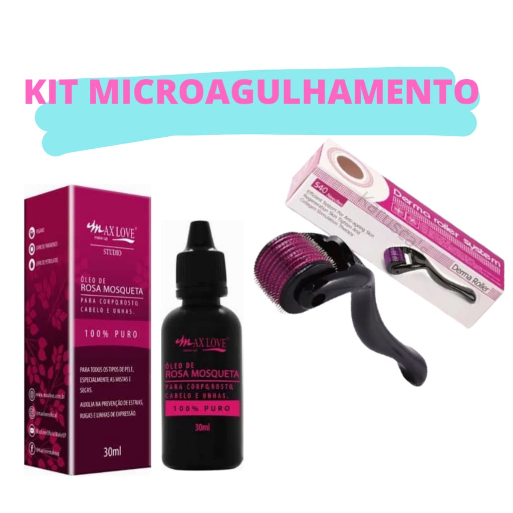 Kit Microagulhamento Dermaroller e Óleo de Rosa Mosqueta 100% Puro Para Estrias Rugas Cabelo e Unha