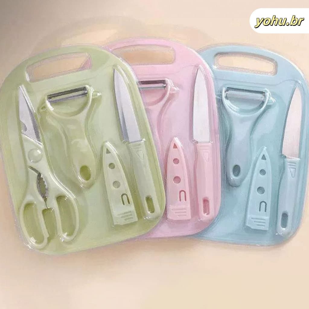 Kit De Utensílios De Cozinha 4 Peças Faca Tesoura Descascador Tábua Culinária