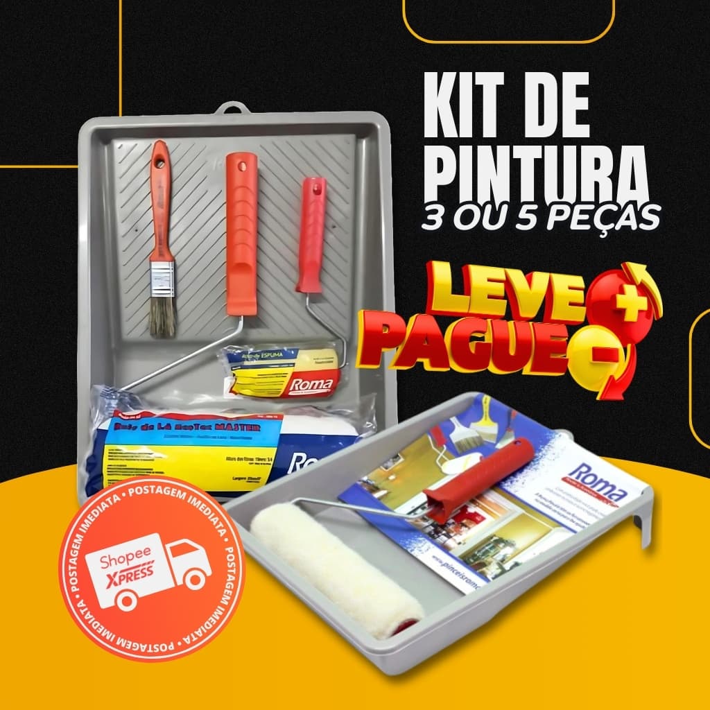 Jogo de Pintura Kit 3 a 5 Peças Rolo - Bandeja - Misturador de Tinta - Bandeja Roma