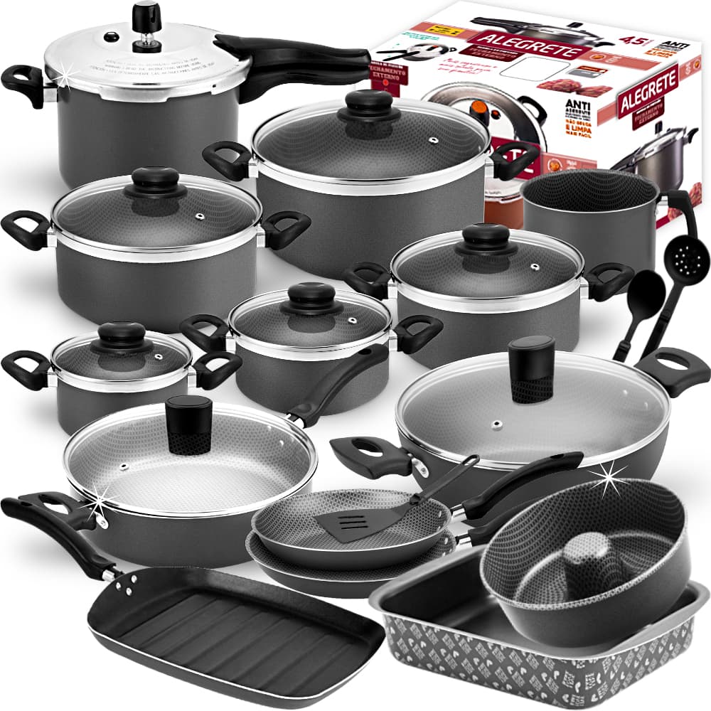 Mega Conjunto De Panelas Forte & Grossas Antiaderente + Pressão 4,5L + Wok + Bistequeira 17 Peças