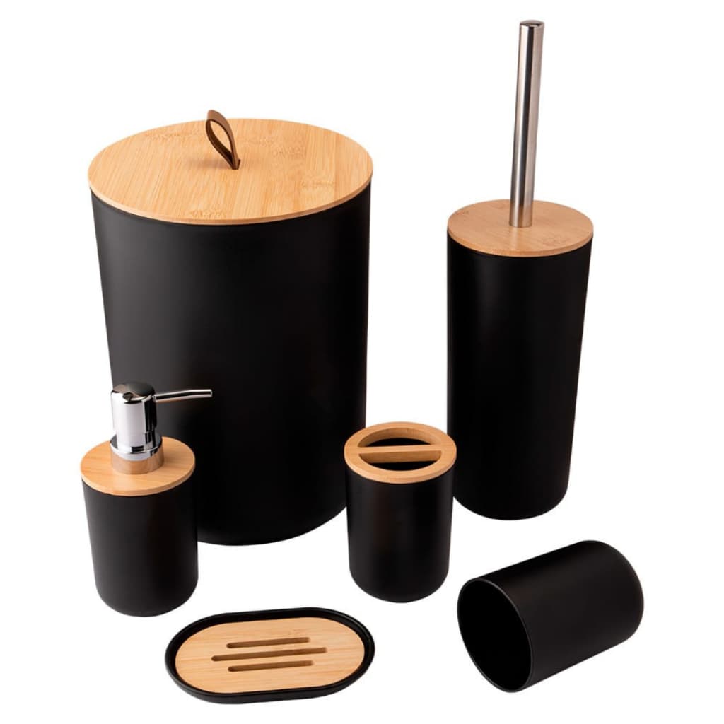 Kit Banheiro Com 6 Peças Lixeira 6,5 Litros Tampa Bambú Porta Sabonete Líquido Escova Sanitária