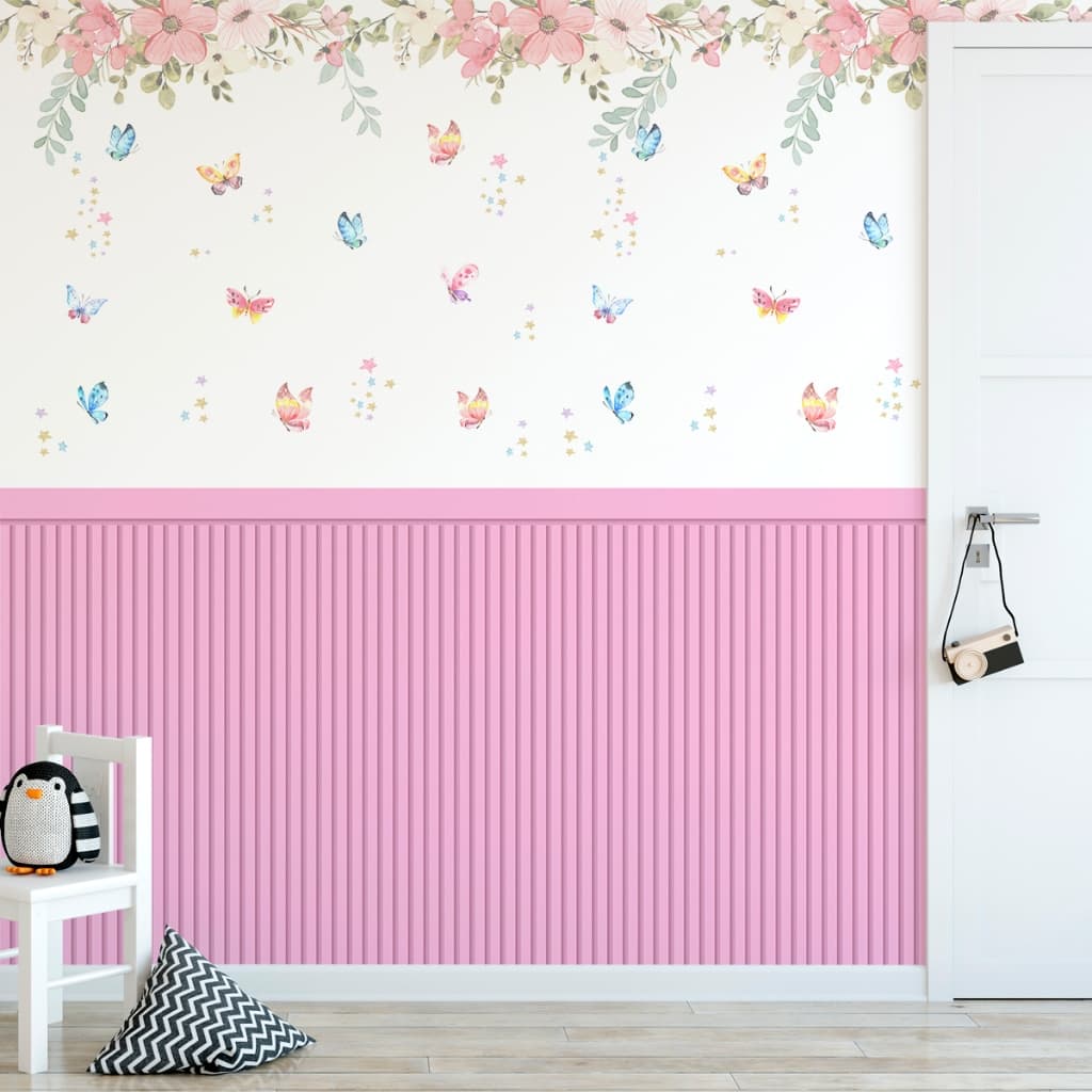 Papel De Parede Adesivo Ripado Floral Rosa Com Borboletas - Vinil Autocolante