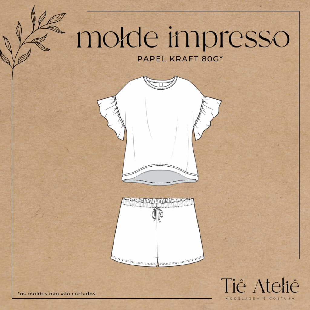 MOLDE EM PAPEL KRAFT DE PIJAMA COM MANGAS FRANZIDAS FEMININO PARA COSTURA MODELAGEM EM PAPEL KRAFT