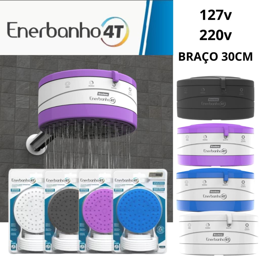 Chuveiro Ducha Elétrica EnerBanho 4 Temperaturas Branco Preto 127v 220v  + Braço Cano 30cm Enerbras