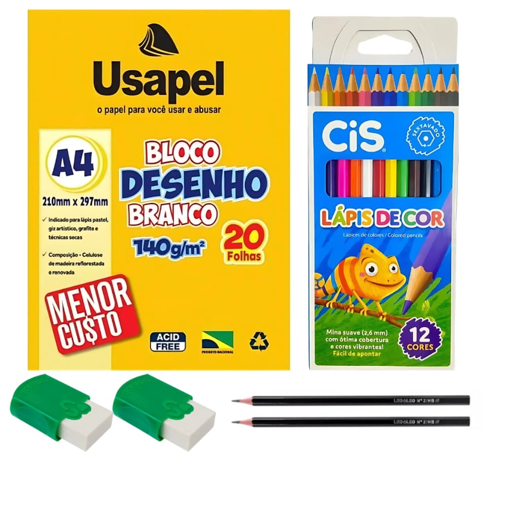 Kit de desenhar 1 bloco A4 140g + uma caixa de lapis de cor 12 cores + 2 lapis + 2 borrachas
