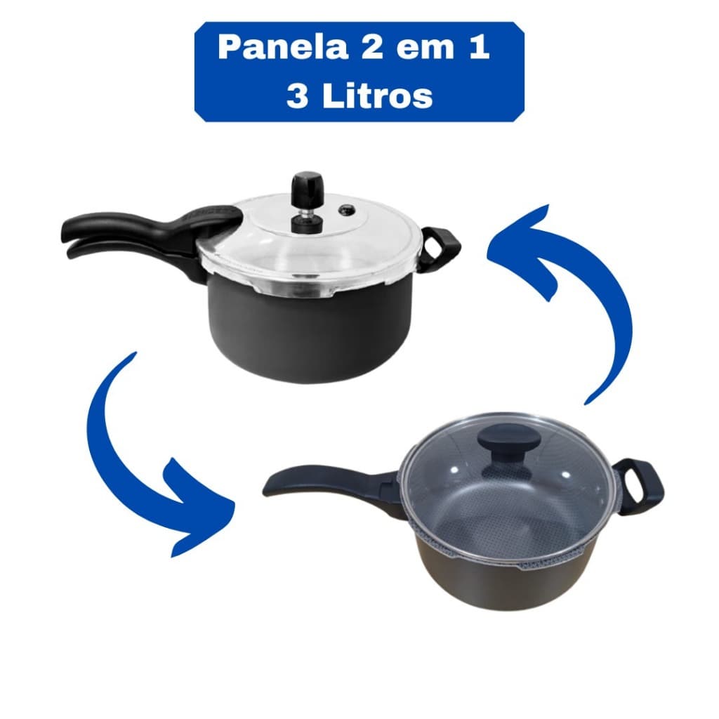 Kit Panela De Pressão 3 litros Antiaderente 2 em 1 + Tampa De Vidro
